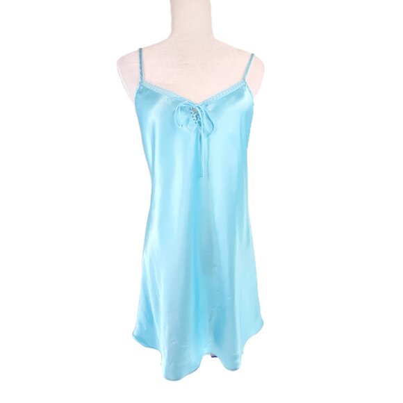 Vintage Y2K Sophia Delicates Chemise Pastel TEal Fairy Slip Dress Lace Satin - Picture 1 of 6